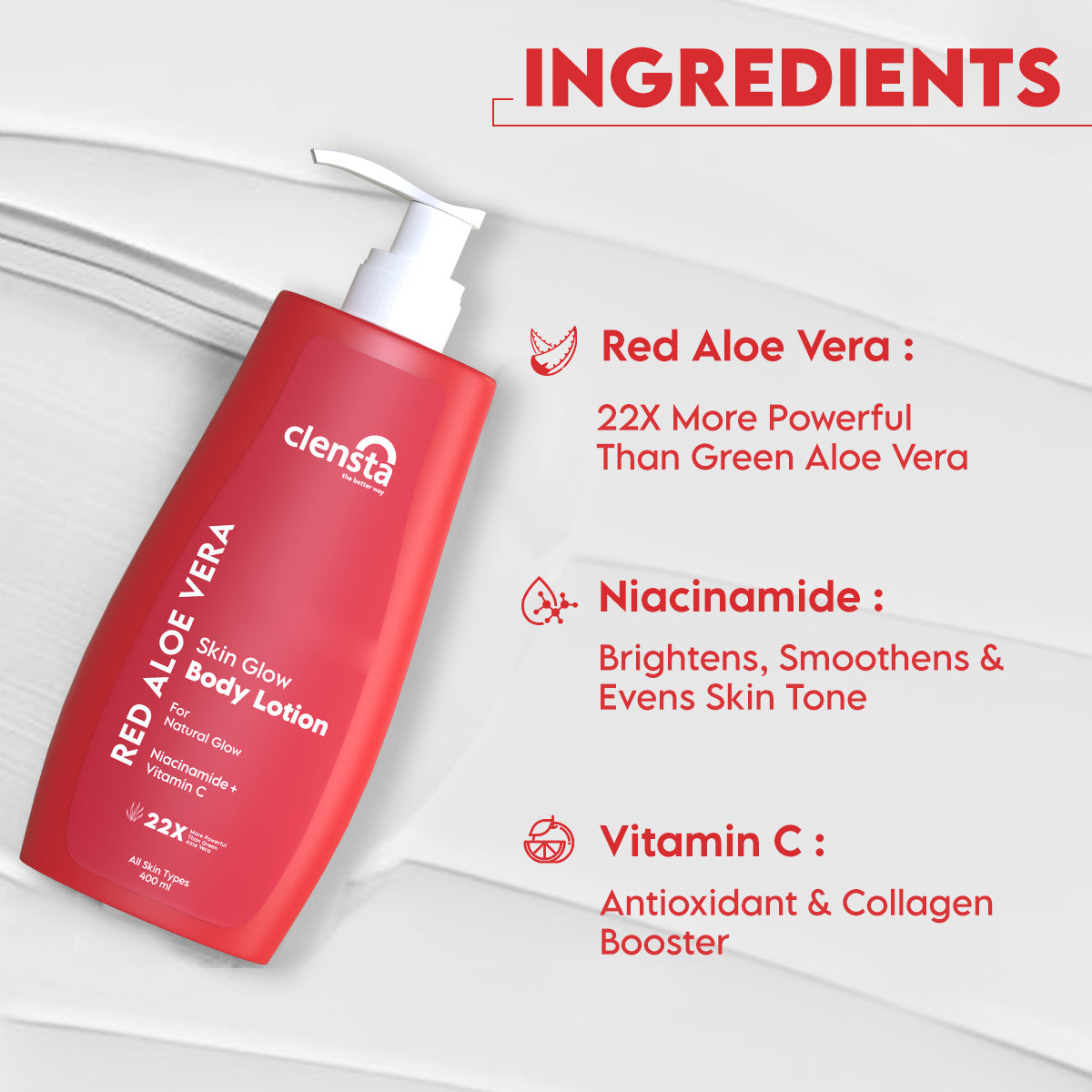 Clensta Red Aloe Vera Skin Glow Body Lotion (400ml)