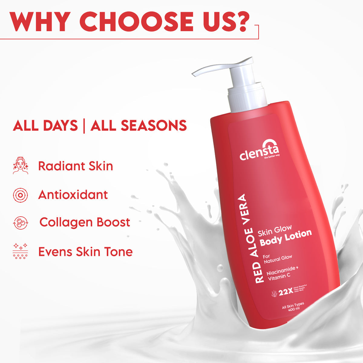 Clensta Red Aloe Vera Skin Glow Body Lotion (400ml)