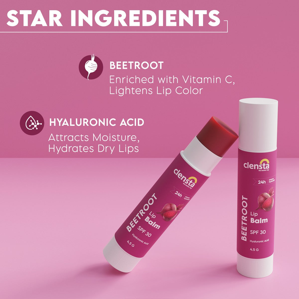Clensta Beetroot Lip Balm With Hyaluronic Acid Spf 30 With Beetroot & Hyaluronic Acid For Moisture, Hydrates & Lightens Dark Lips For Women & Men 4.5g, Clear