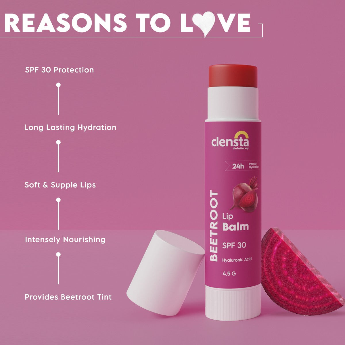 Clensta Beetroot Lip Balm With Hyaluronic Acid Spf 30 With Beetroot & Hyaluronic Acid For Moisture, Hydrates & Lightens Dark Lips For Women & Men 4.5g, Clear