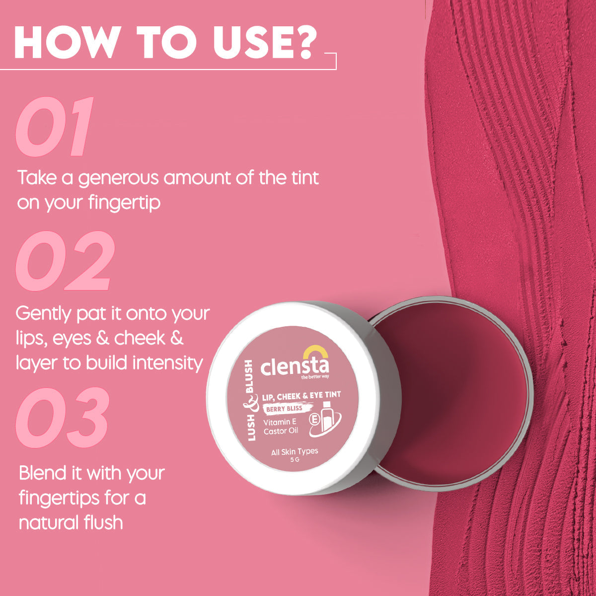 Clensta Lush & Blush Lip, Cheek & Eye Tint - Berry Bliss (5gm)