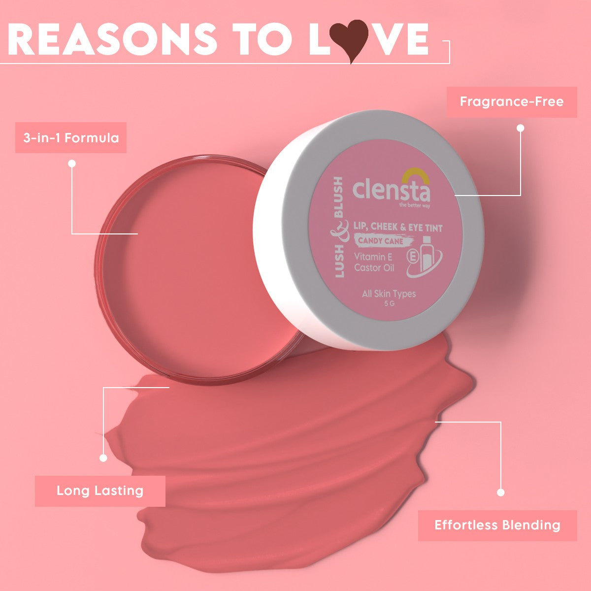 Clensta Lush & Blush Lip, Cheek & Eye Tint - Candy Cane (5gm)