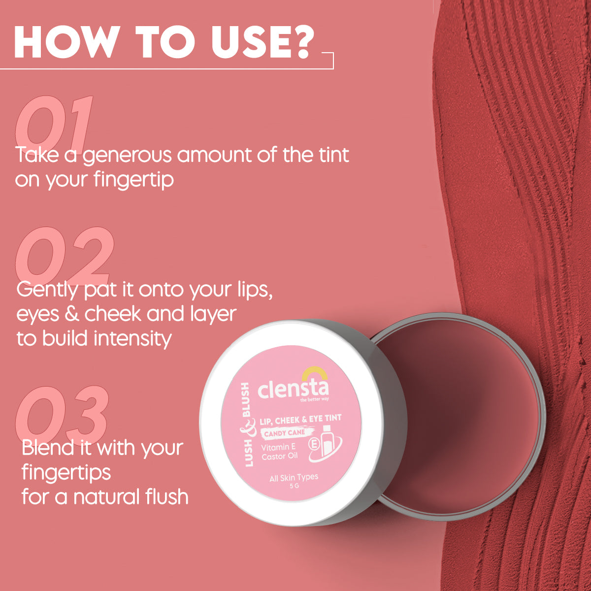 Clensta Lush & Blush Lip, Cheek & Eye Tint - Candy Cane (5gm)