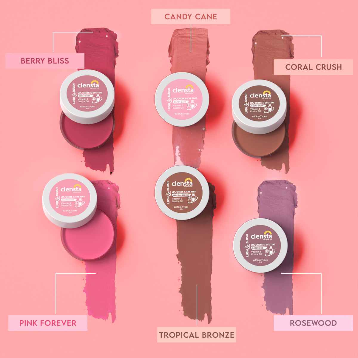 Clensta Lush & Blush Lip, Cheek & Eye Tint - Candy Cane (5gm)