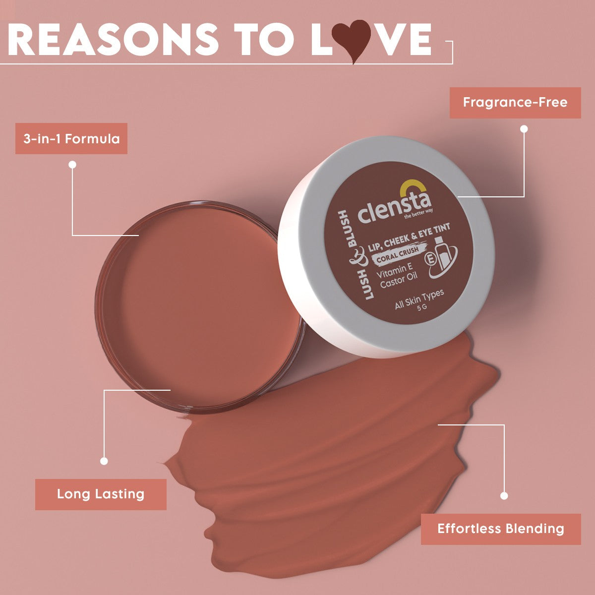 Clensta Lush & Blush Lip, Cheek & Eye Tint - Coral Crush (5gm)