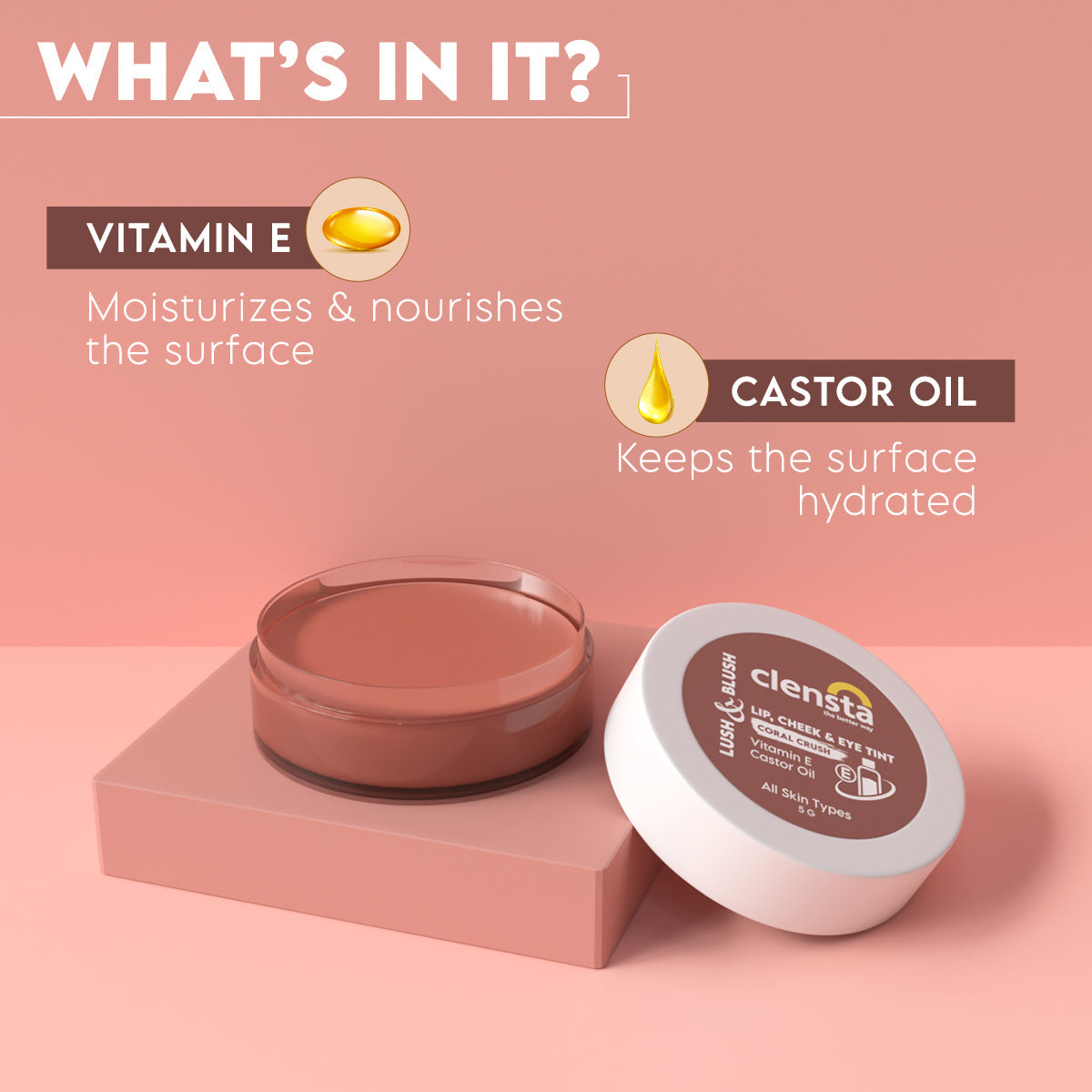 Clensta Lush & Blush Lip, Cheek & Eye Tint - Coral Crush (5gm)