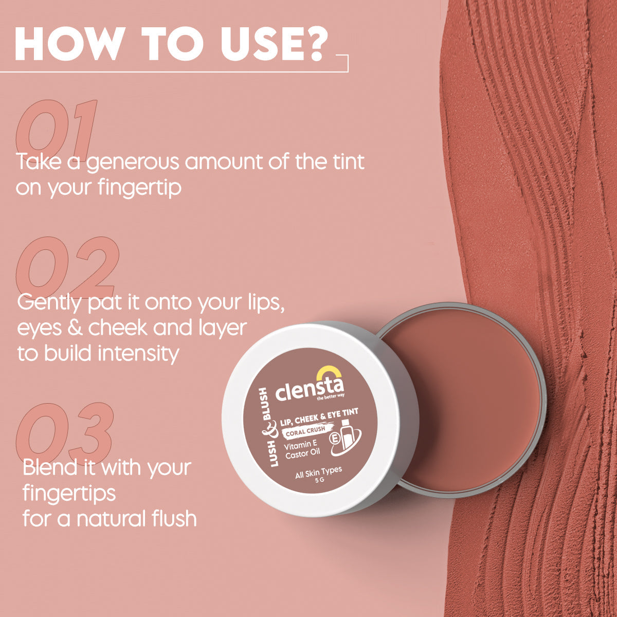 Clensta Lush & Blush Lip, Cheek & Eye Tint - Coral Crush (5gm)