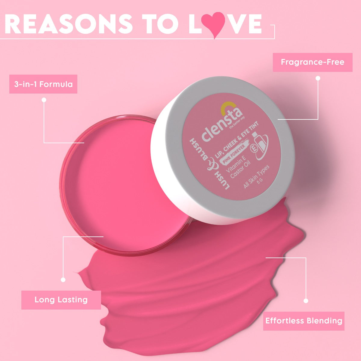 Clensta Lush & Blush Lip, Cheek & Eye Tint - Pink Forever (5gm)