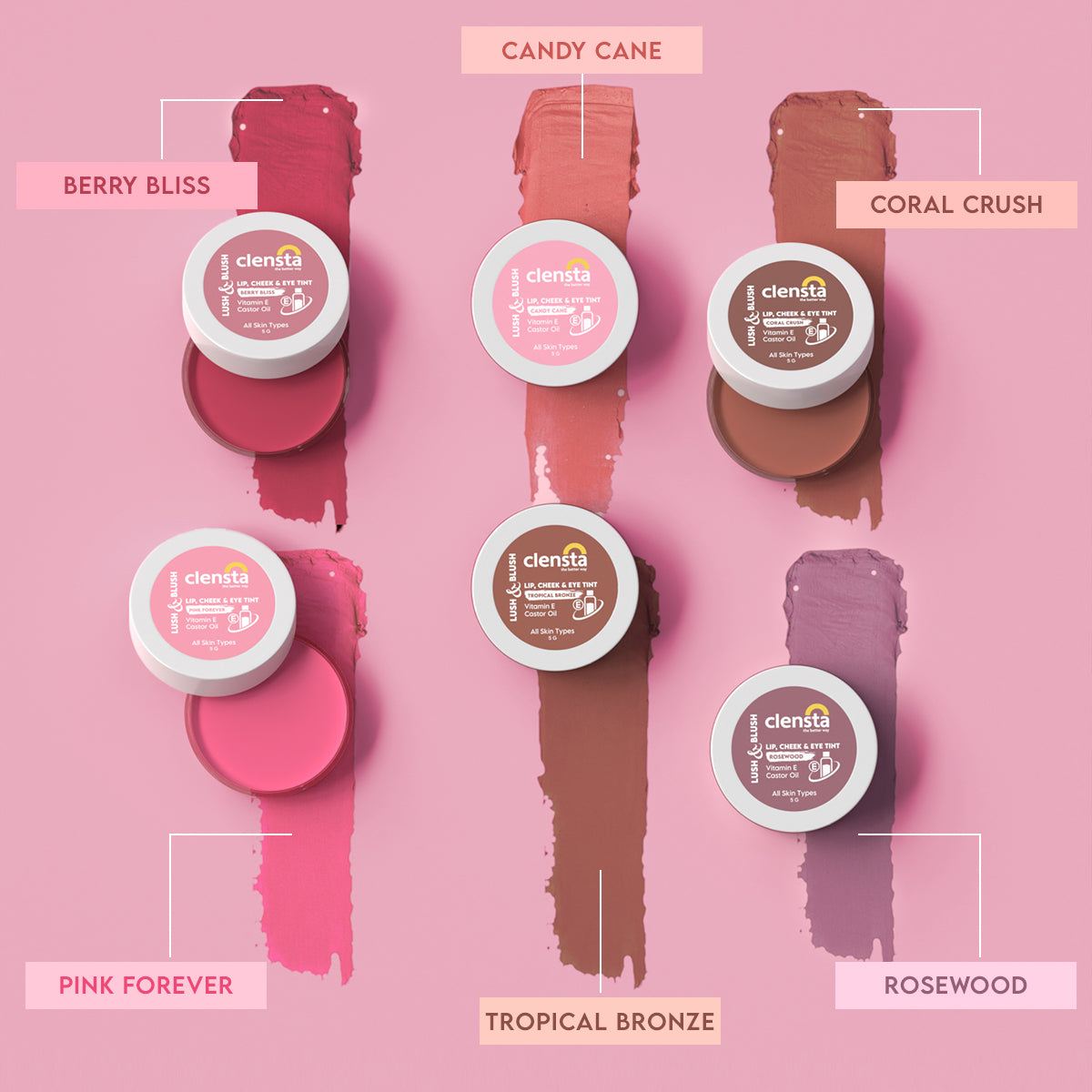 Clensta Lush & Blush Lip, Cheek & Eye Tint - Pink Forever (5gm)