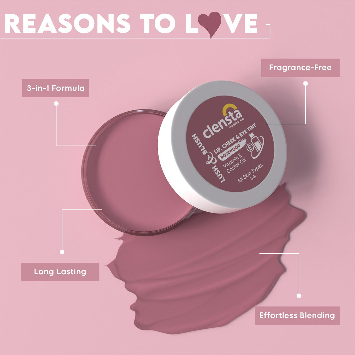 Clensta Lush &Blush Lip, Cheek & Eye Tint - Rosewood (5gm)