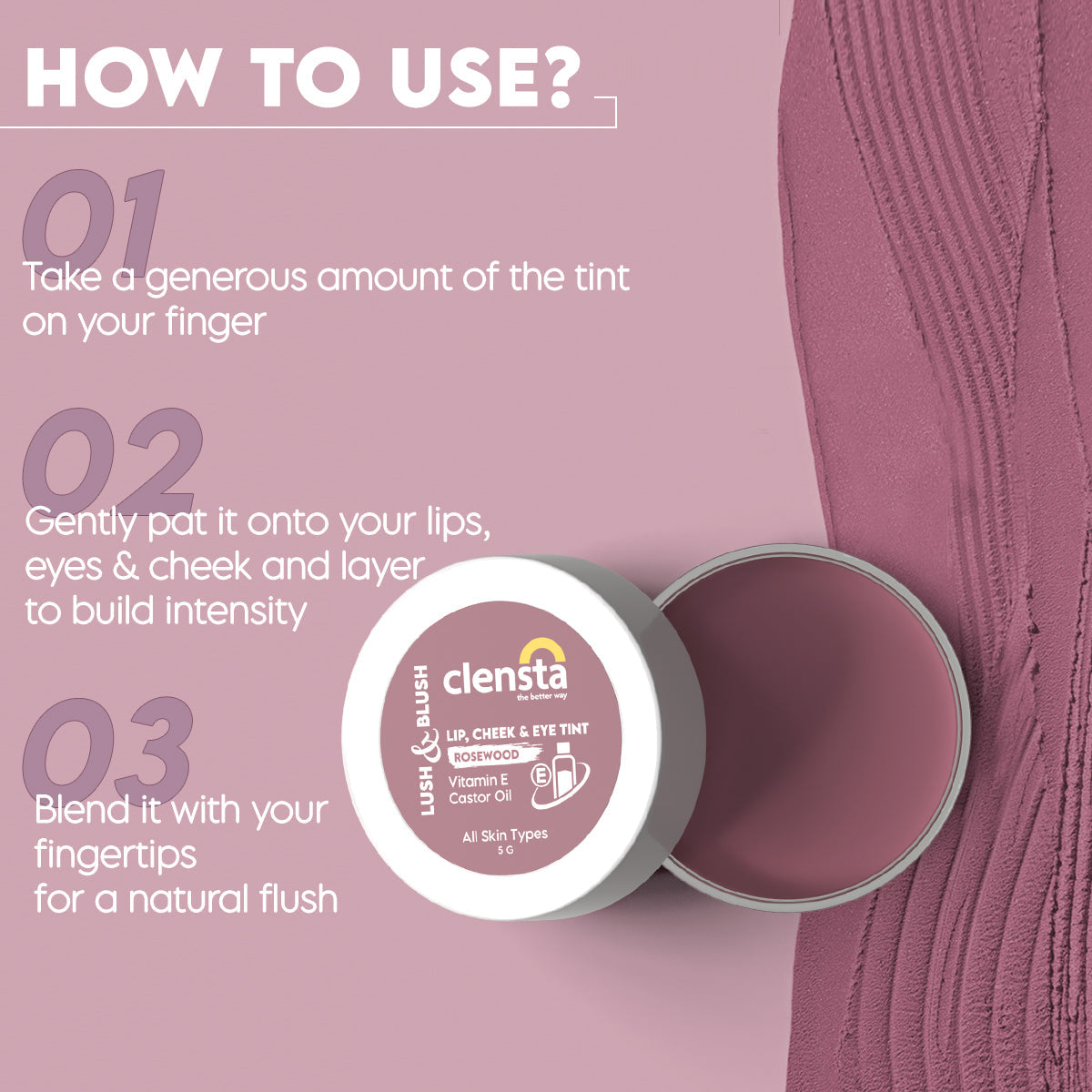 Clensta Lush &Blush Lip, Cheek & Eye Tint - Rosewood (5gm)