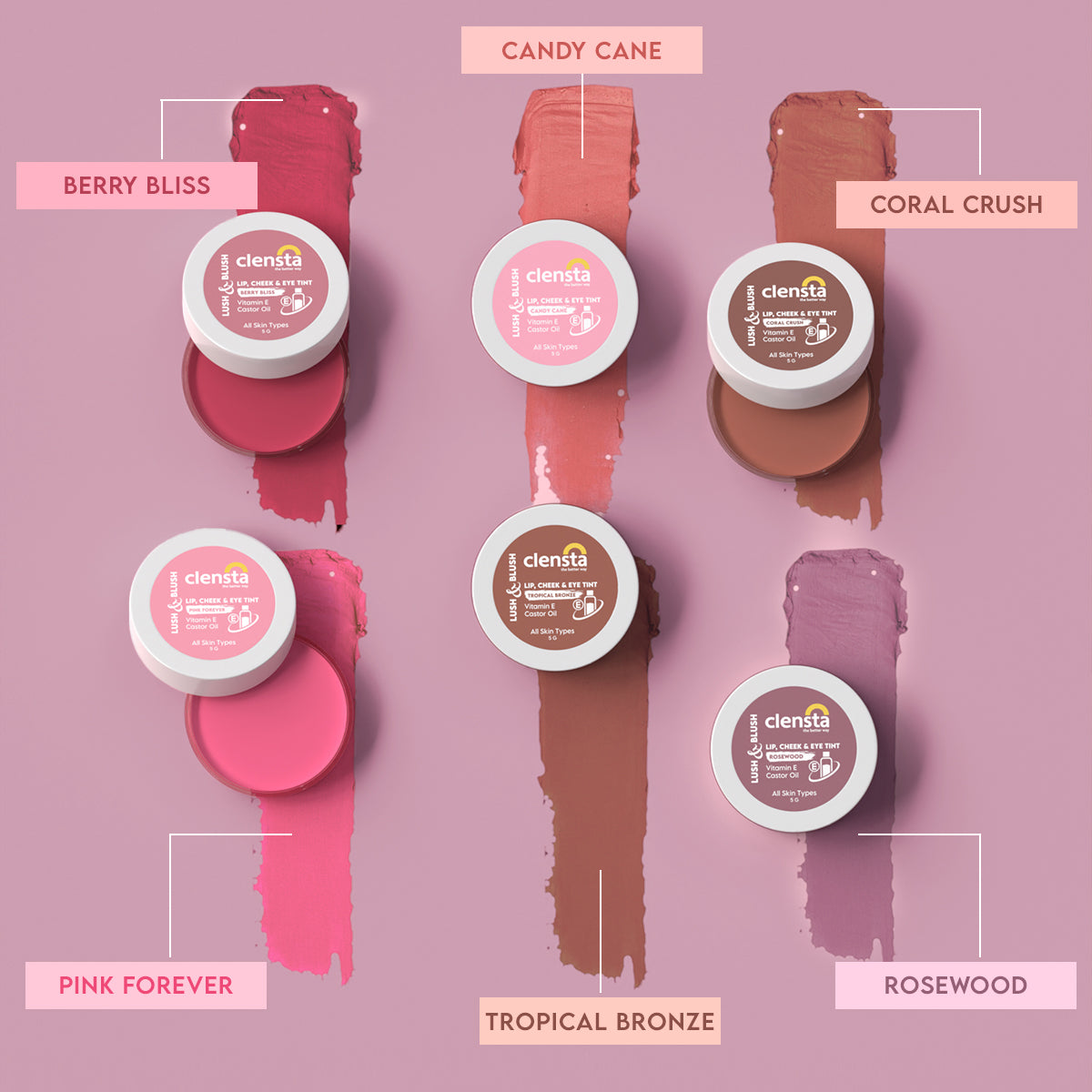 Clensta Lush &Blush Lip, Cheek & Eye Tint - Rosewood (5gm)