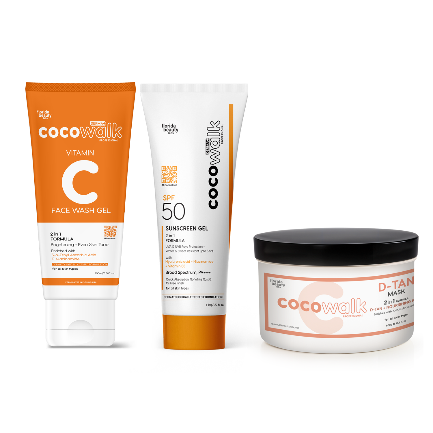 Combo Offer: Cocowalk D-Tan Mask 500g, + Sunscreen Gel SPF 50 PA++++ 50g, and Vitamin C Face Wash Gel 100ml.