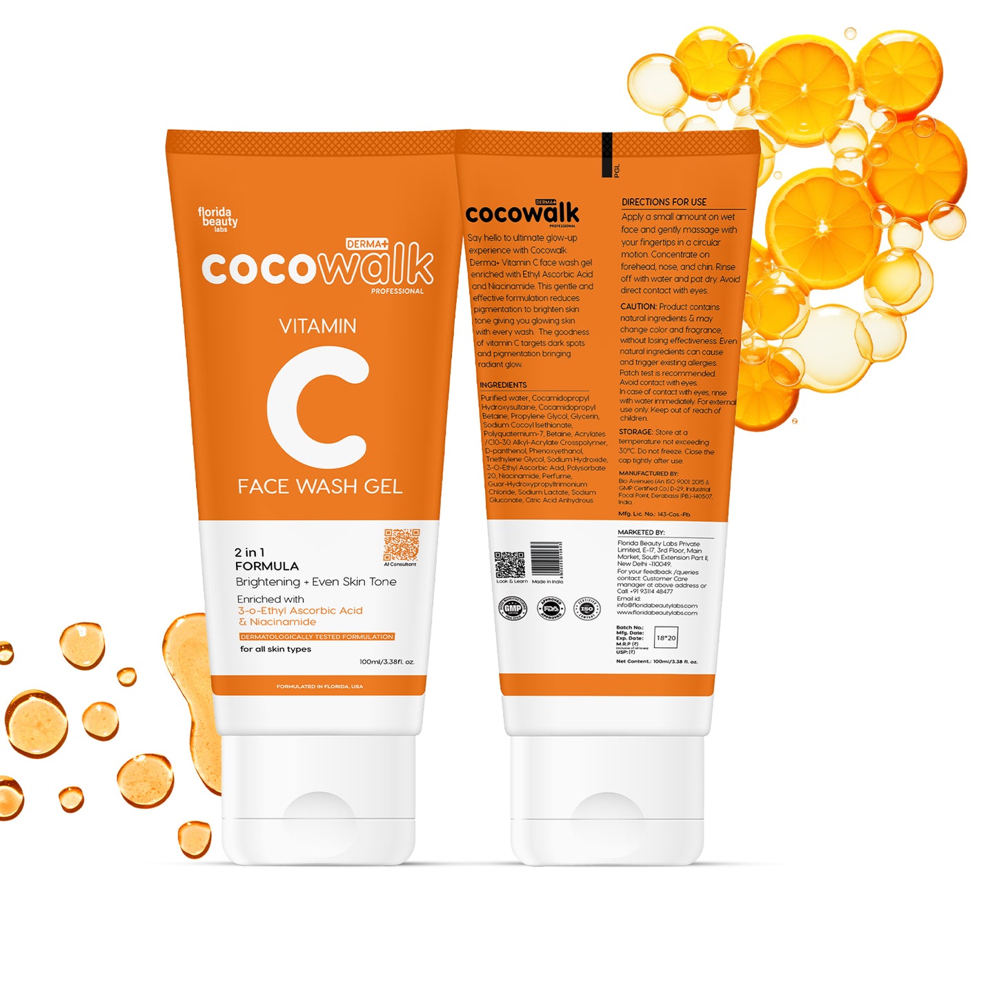 Cocowalk Professional Derma+ Vitamin C Face Wash Gel | 2-in-1 Formula Brightening & Even Skin Tone