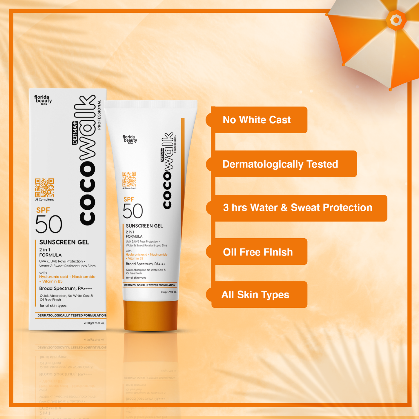 Cocowalk Professional Derma+ Sunscreen Gel with Hyaluronic Acid + Niacinamide Vitamin B5 | 2 in 1 Formula UVA & UVB ray protection + Water & Sweat Resistant