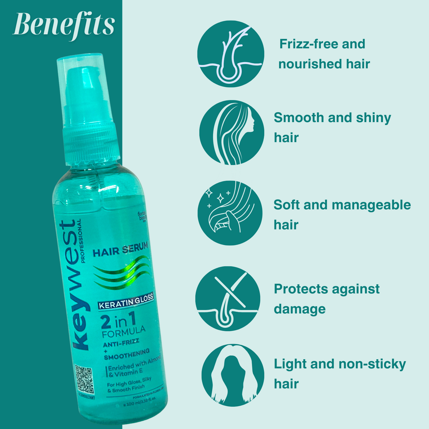 Keywest Professionals Keratin Gloss Hair Serum with Almond oil & Vitamin E | 2 in 1 Formula Anti-Frizz & Smoothening