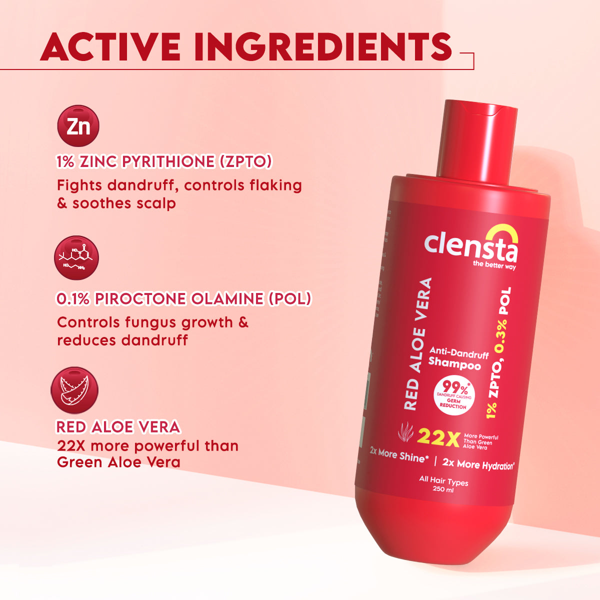 Clensta Red Aloe Vera Anti-Dandruff Shampoo (250 Ml)