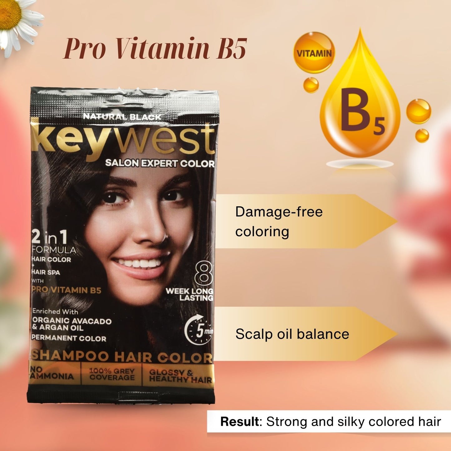 Keywest Salon Expert Shampoo Hair Color | Grey Coverage | No Ammonia | Pro Vitamin B5, Organic Avocado & Argan Oil | 15ml