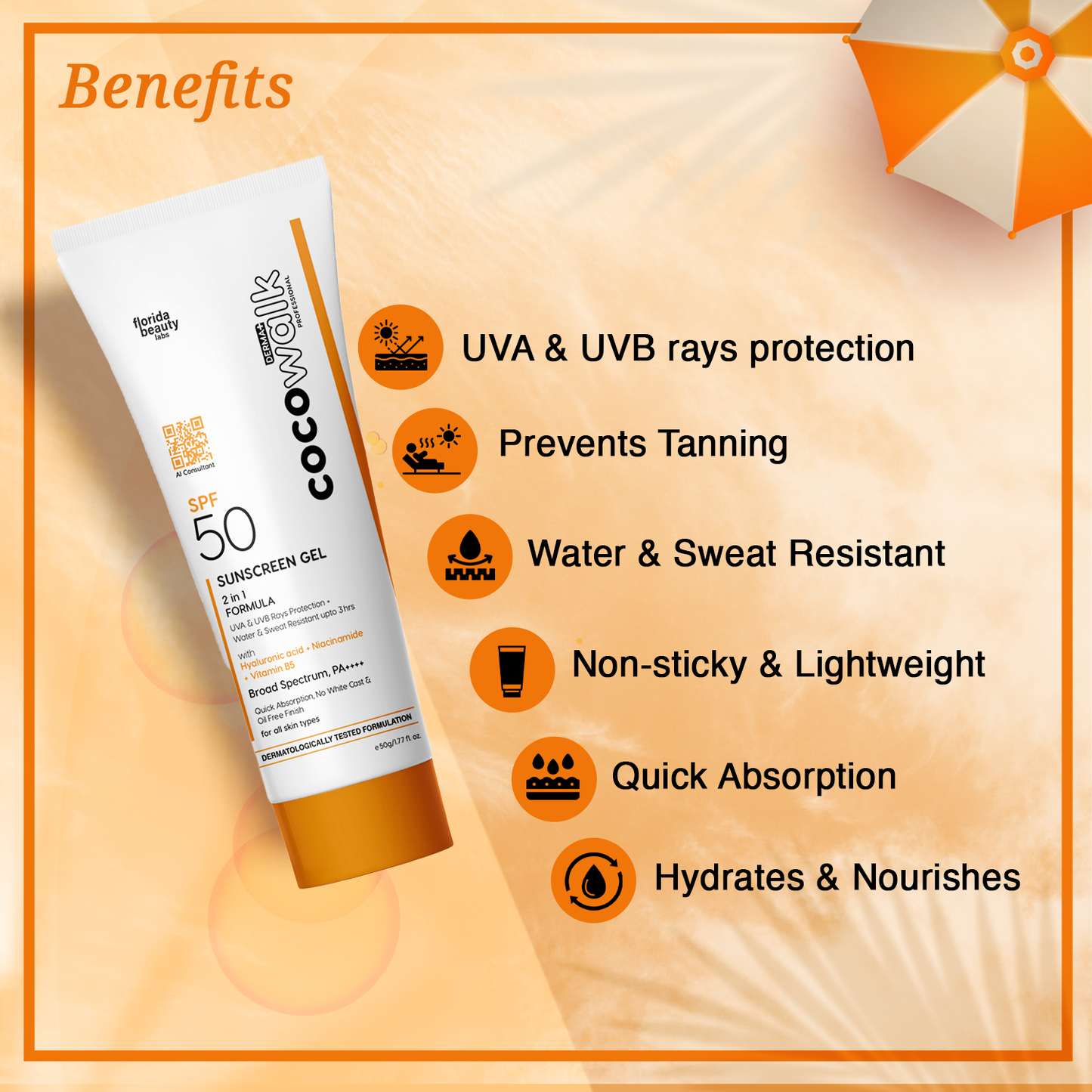 Cocowalk Professional Derma+ Sunscreen Gel with Hyaluronic Acid + Niacinamide Vitamin B5 | 2 in 1 Formula UVA & UVB ray protection + Water & Sweat Resistant