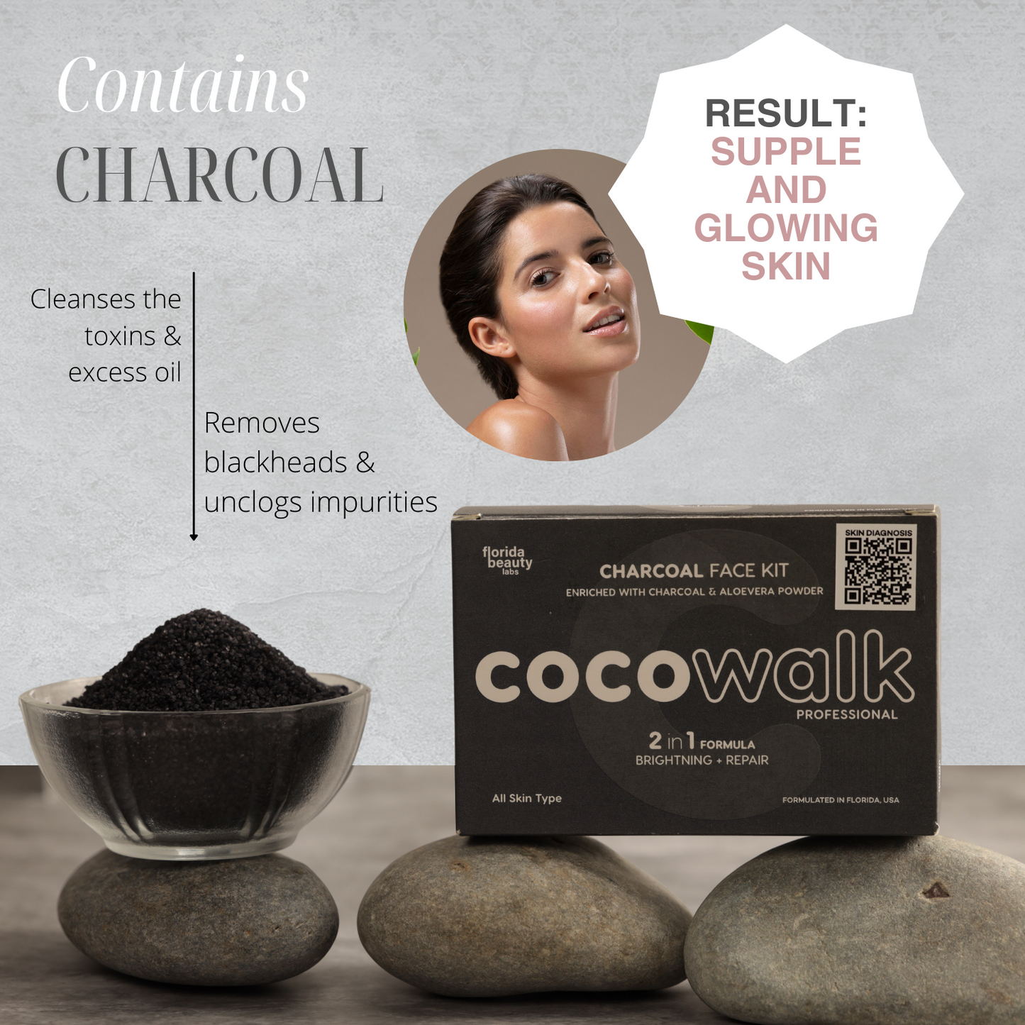 Cocowalk Professional Charcoal Facial Kit | 2-in-1 Formulation | Brightening & Repair | Charcoal & Aloe Vera Powder.