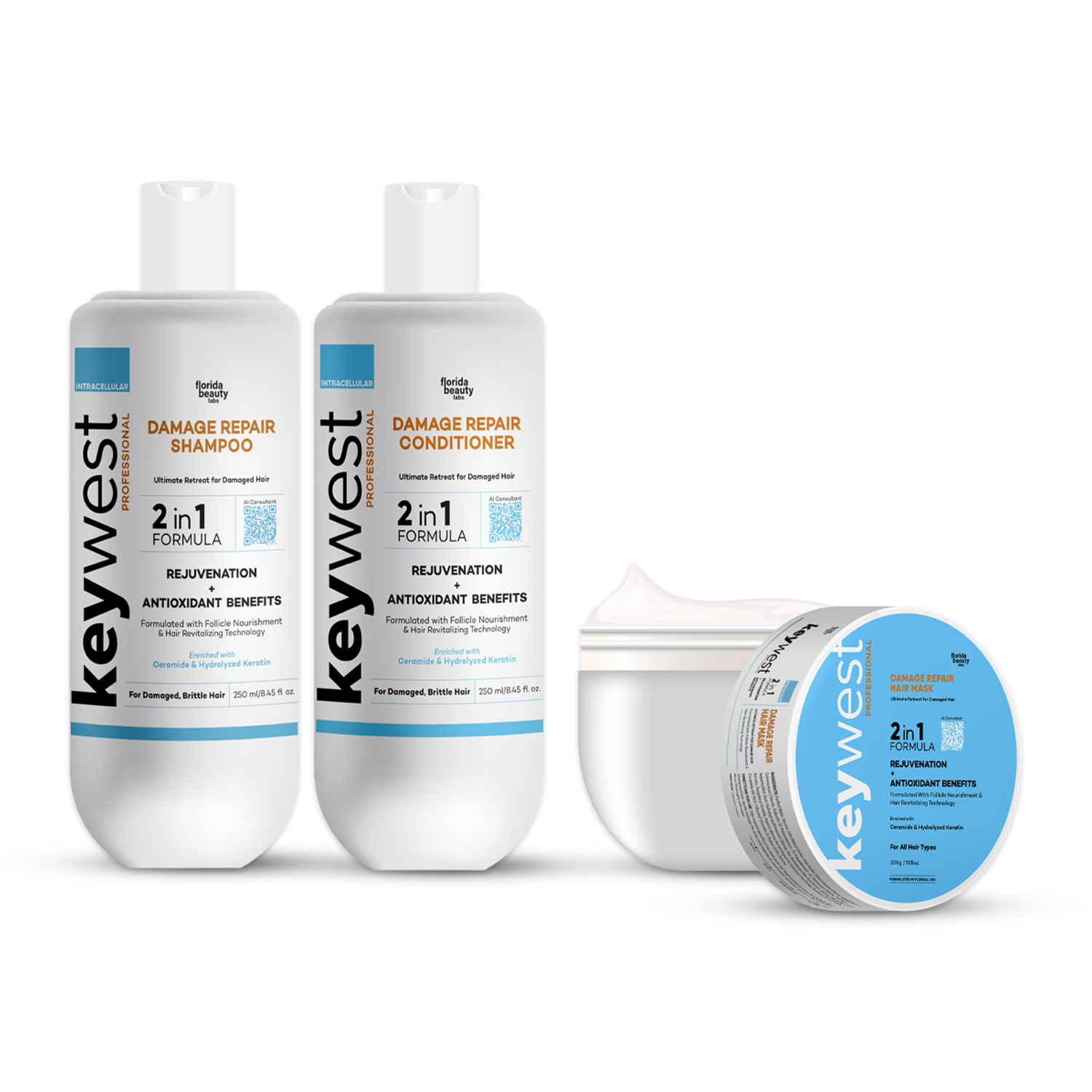 Keywest Professional Damage Repair Hair Care Combo: Shampoo 250ml + Conditioner 250ml + Hair Mask 200gm