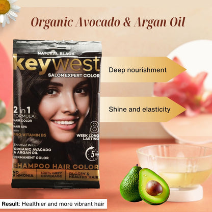 Keywest Salon Expert Shampoo Hair Color | Grey Coverage | No Ammonia | Pro Vitamin B5, Organic Avocado & Argan Oil | 15ml