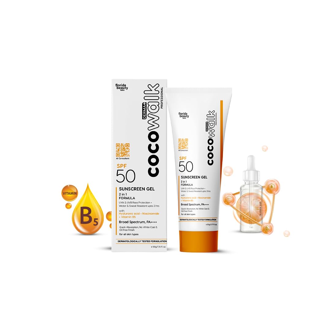 Cocowalk Sunscreen Gel SPF 50 PA++++ (50gm) | For All Skin Types | Lightweight | UVA & UVB Rays Protection + Water & Sweat Resistant Upto 3 Hours | No White Cast & Oil Free Finish