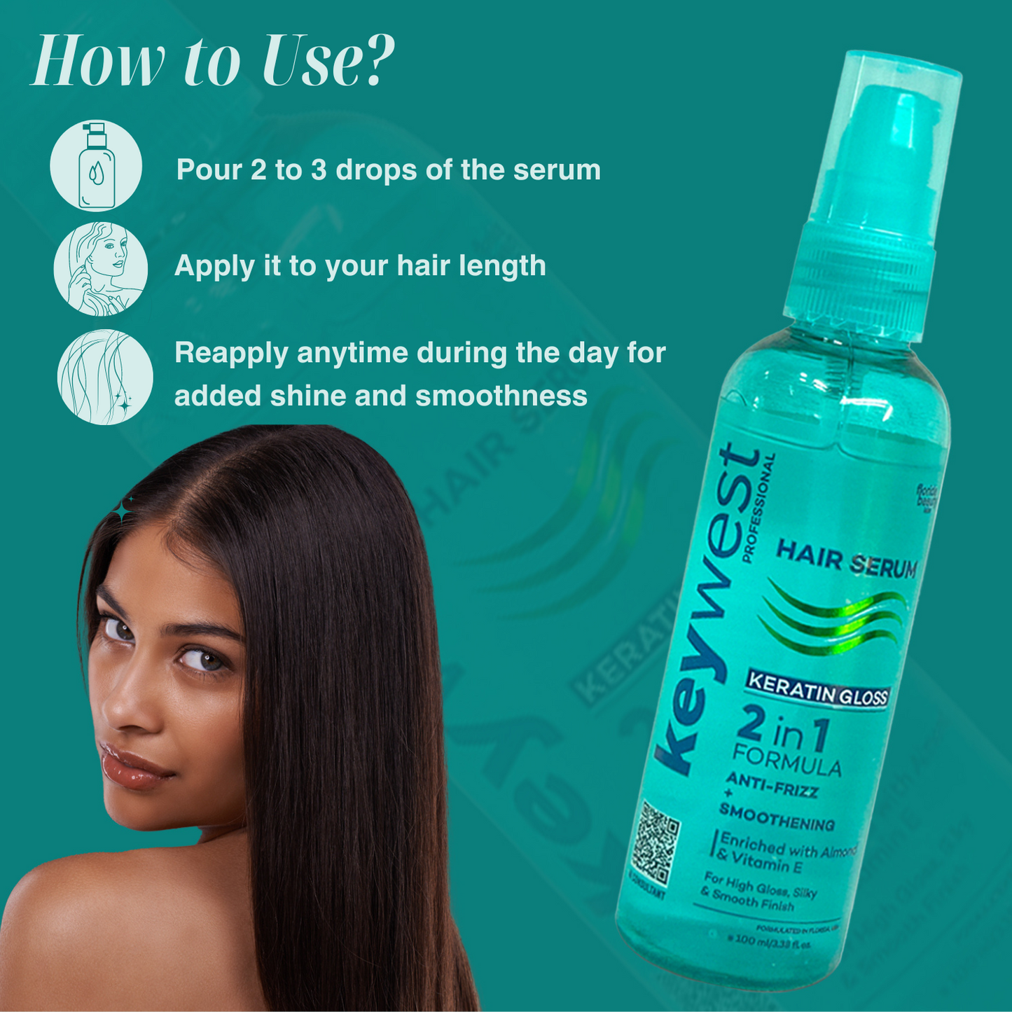 Keywest Professionals Keratin Gloss Hair Serum with Almond oil & Vitamin E | 2 in 1 Formula Anti-Frizz & Smoothening