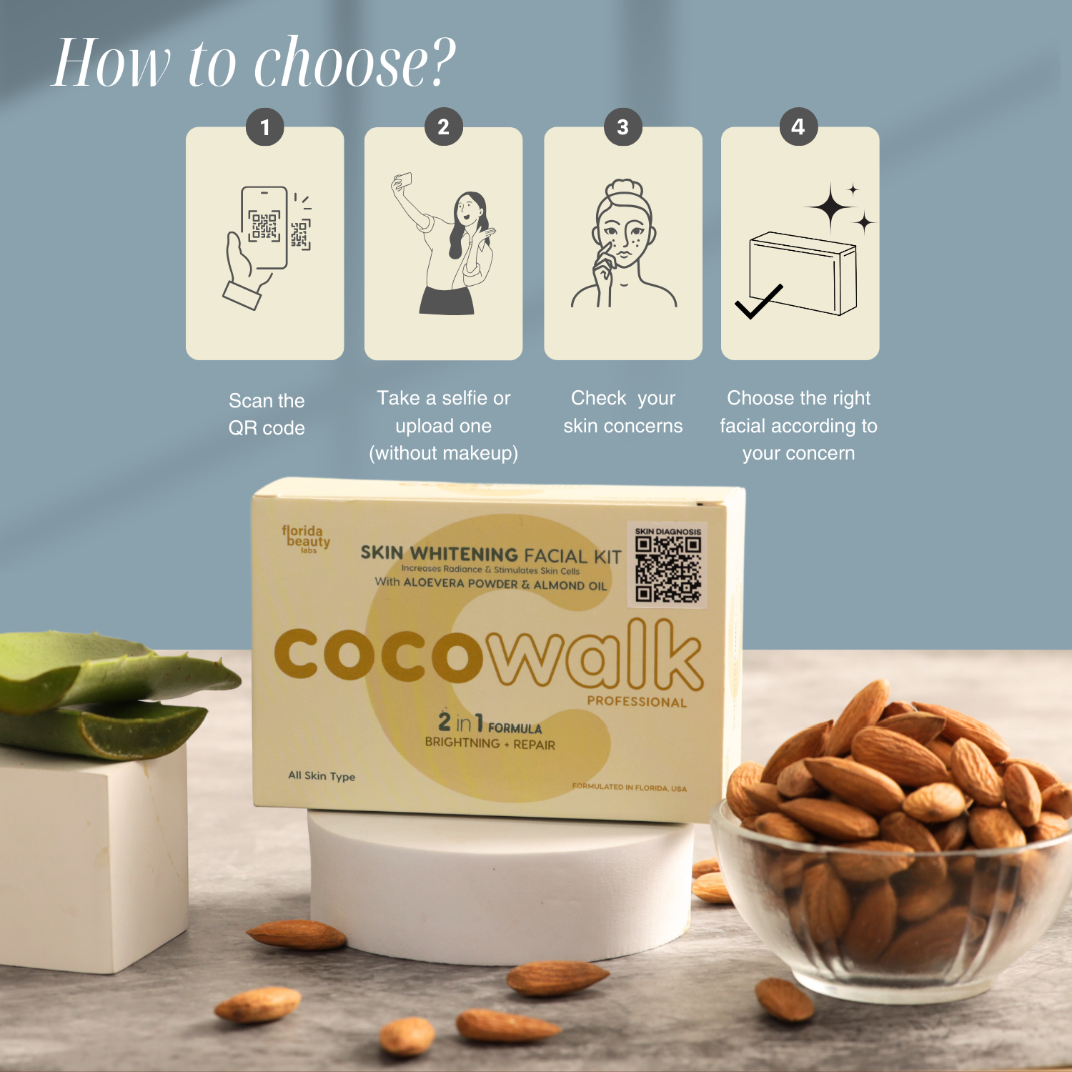 Cocowalk Professional Skin Whitening Facial Kit 50g | 2-in-1 Formulation | Brightening & Repair | Aloe Vera Powder & Almond Oil.