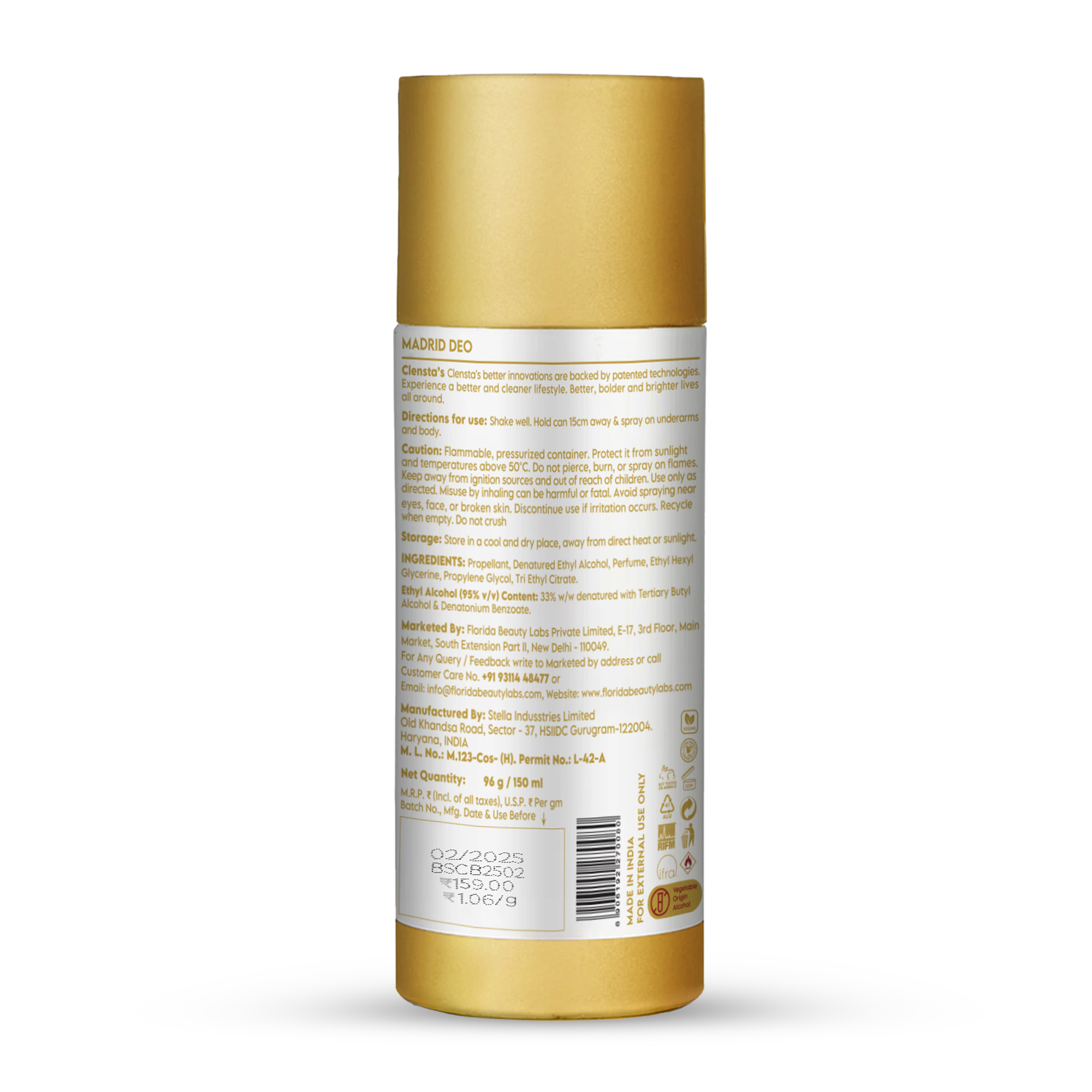 Clensta Madrid Men's Deodorant Body Spray 150 ml