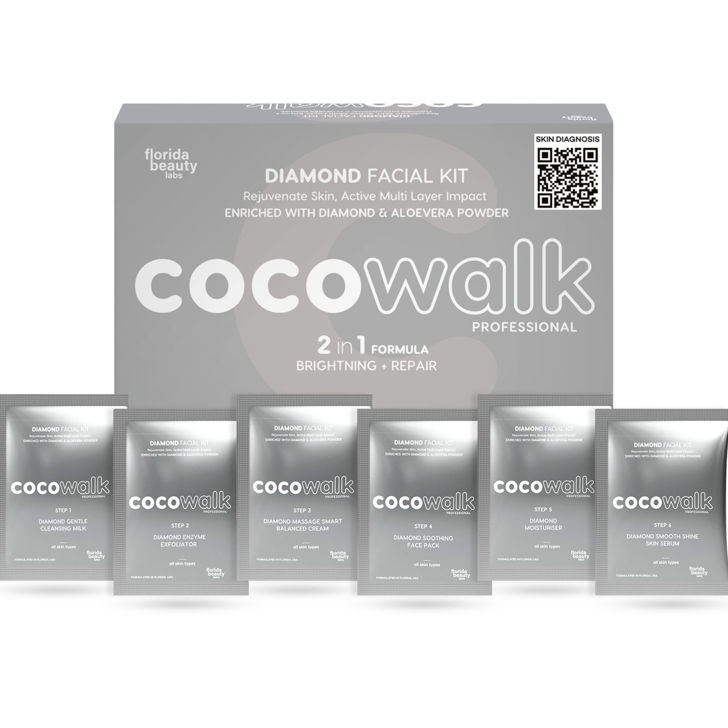 Cocowalk Professional Diamond Facial Kit 60g | 2-in-1 Formulation | Brightening & Repair | Diamond & Aloe Vera Powder.