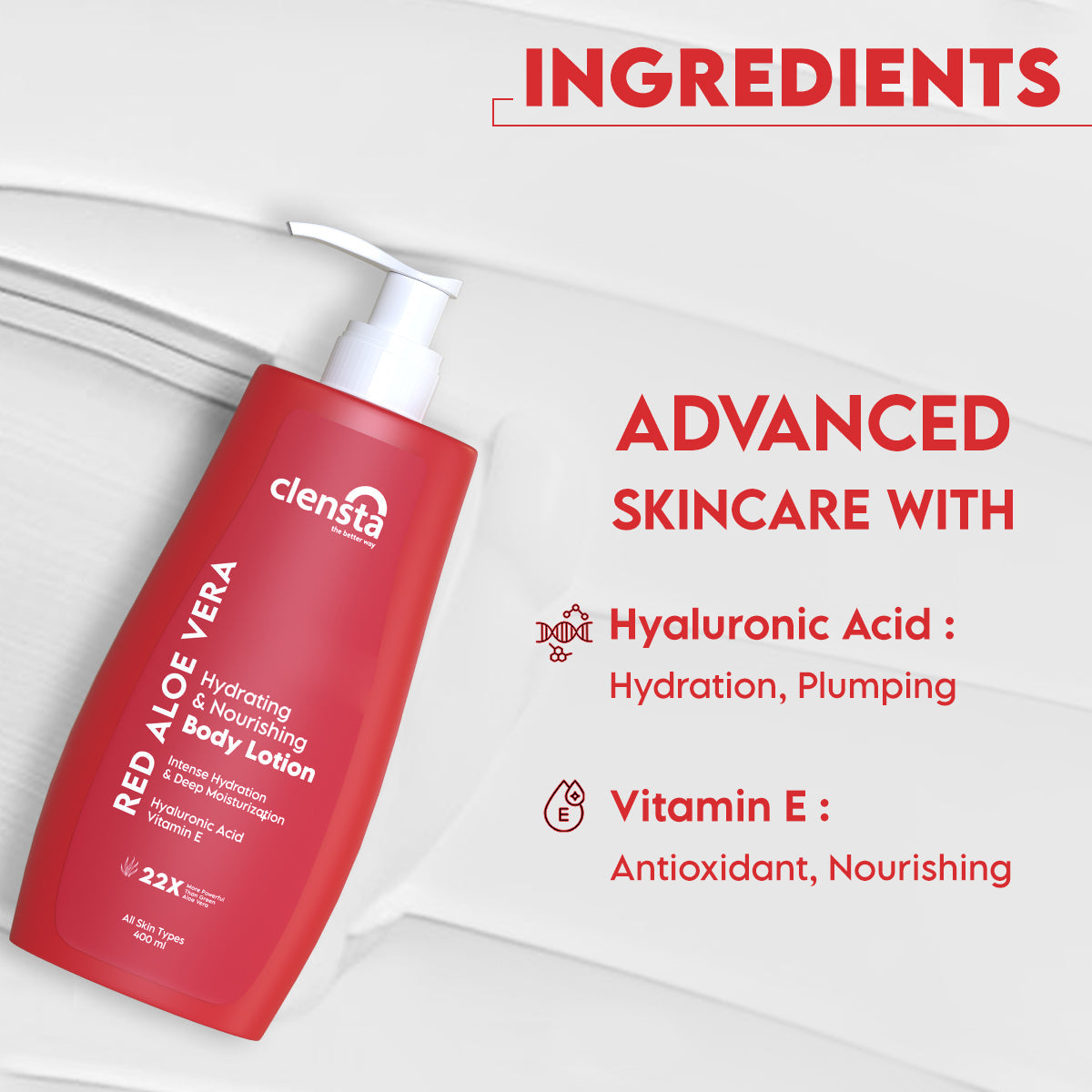 Clensta Red Aloe Vera Hydrating & Nourishing Body Lotion Pack of 2 (400ml + 400ml)