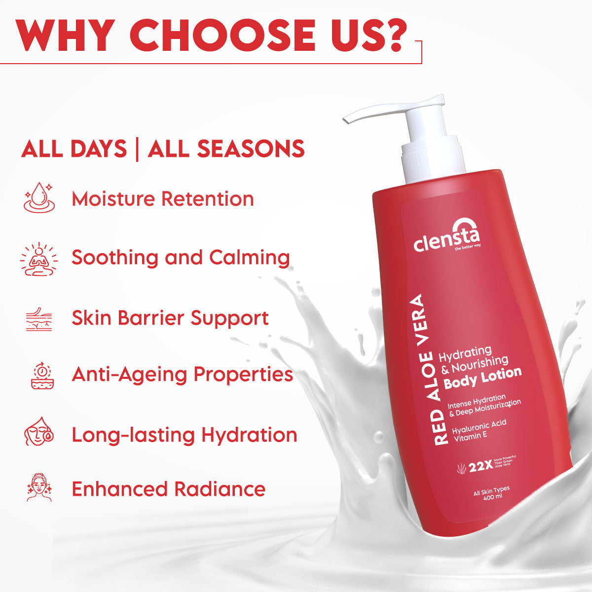 Clensta Red Aloe Vera Hydrating & Nourishing Body Lotion Pack of 2 (400ml + 400ml)