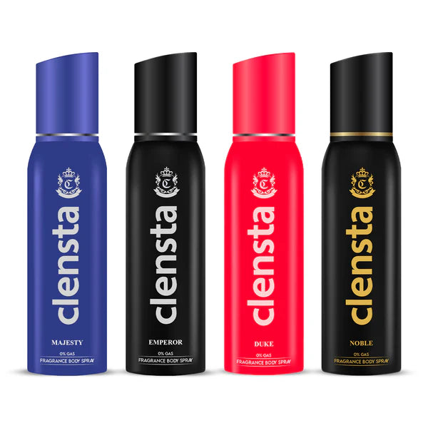 Clensta 0% No Gas Deodorant Combo for Men (Duke, Majesty, Noble, Emperor) 150ml Each | Long Lasting Body Spray (Pack of 4).