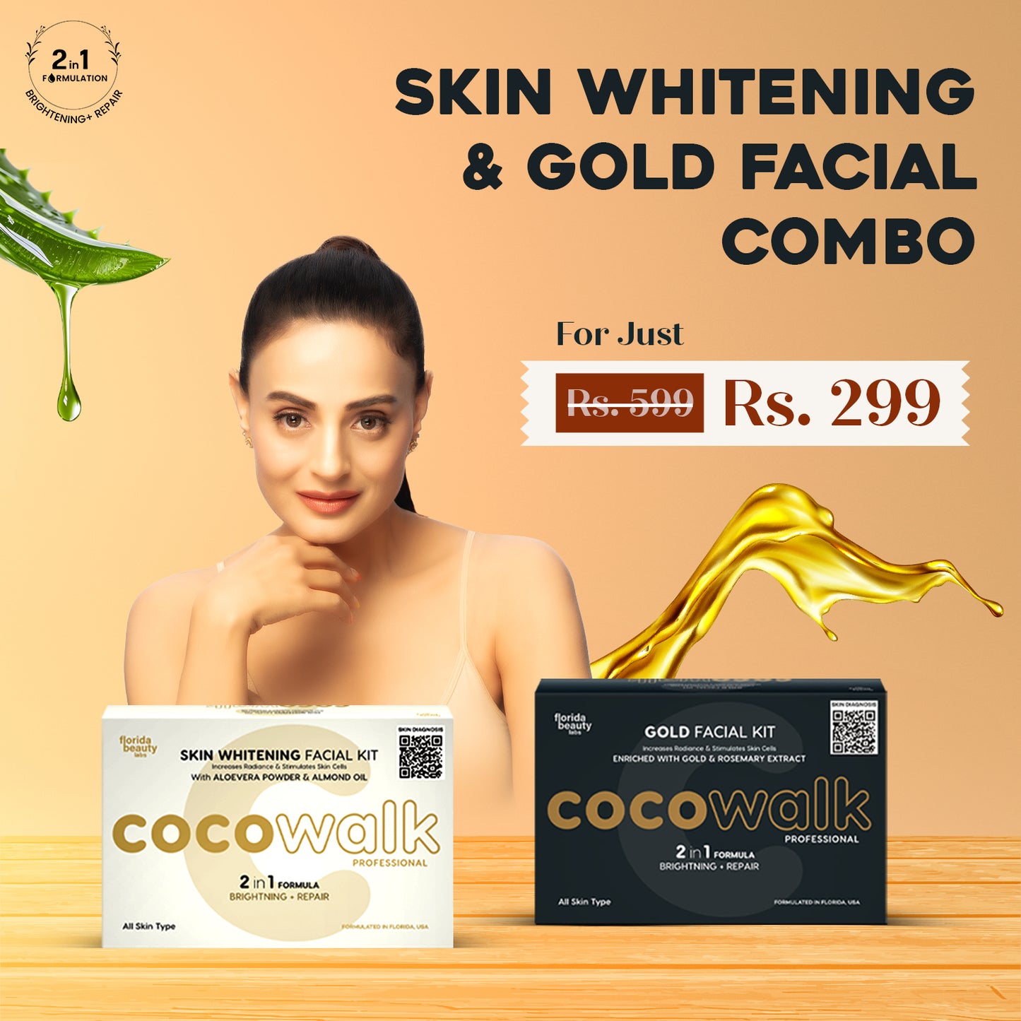 Cocowalk Professional Skin Whitening + Gold Facial Kit - Combo | 2-in-1 Formulation | Brightening & Repair | Aloe Vera Powder & Almond Oil And Gold & Rosemary Extract.