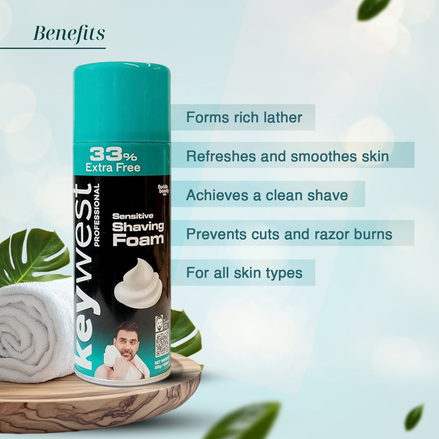 Keywest Professionals Sensitive Shaving Foam | Tea Tree Oil, Vitamin E & Aloe Vera | 385ml