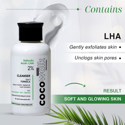 Cocowalk Professional Derma+ Cleanser with 2% Salicylic Acid + LHA | 2-in-1 Formula Sebum Control & Hydration