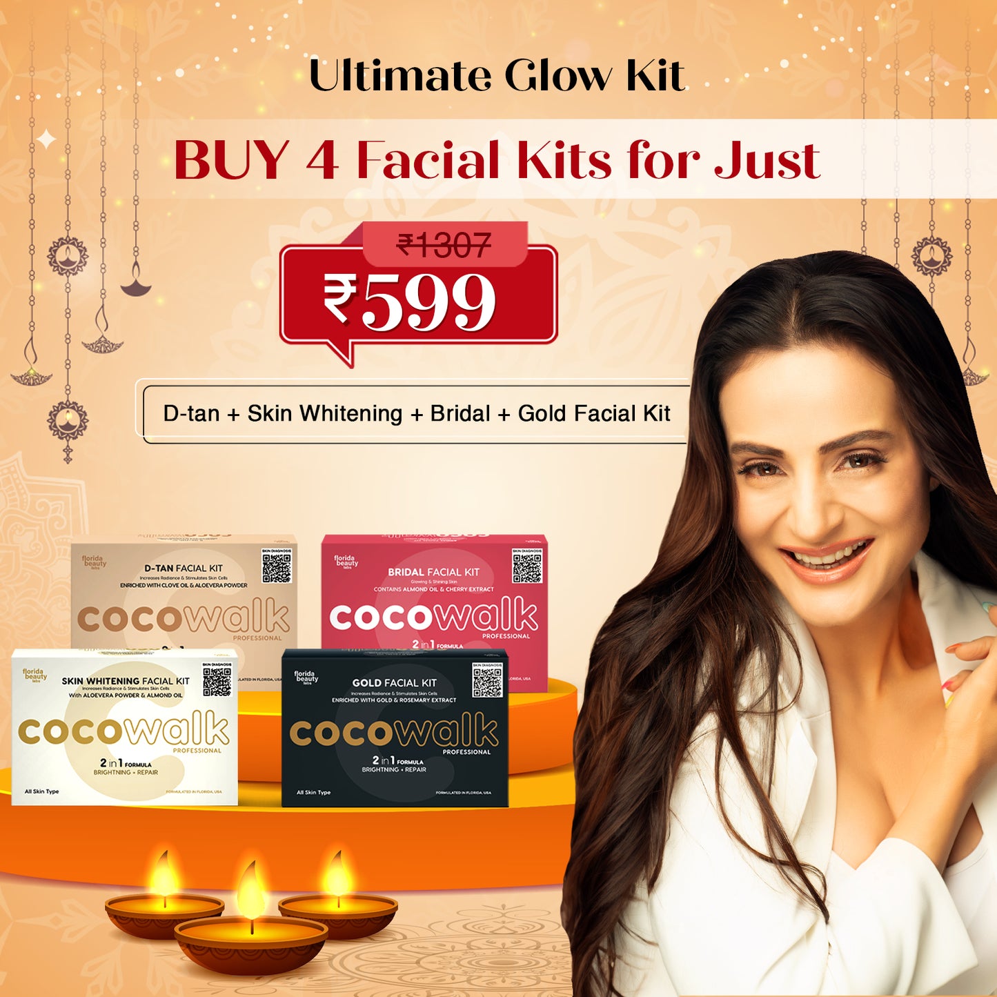 4 in 1 Facial Kits COMBO Cocowalk's Bridal Facial Kit + Skin Whitening Facial Kit + Gold Facial Kit + D-Tan Facial Kit